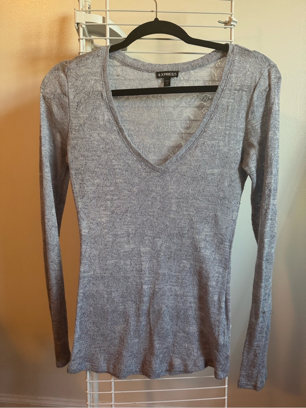 Express Light Blue Knit Long-Sleeve V-Neck Top